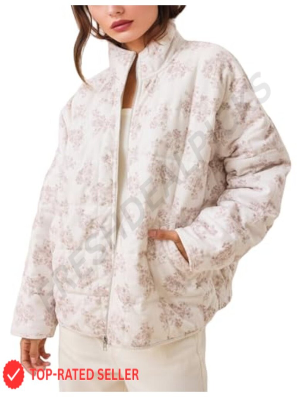 Women's Lightweight Quilted Floral Zip Up Jacket with Pockets